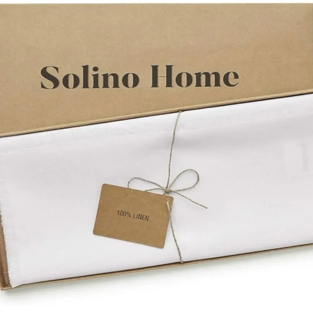Solino Home White Linen Fringe Table Runner 16x 108 Inches Long
